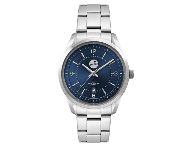 A stainless steel strap watch with a blue dial featuring silver hour markers and a date display.