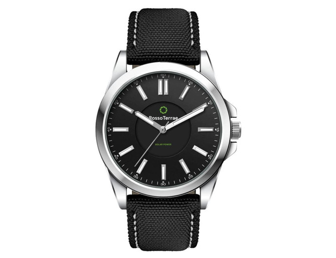 A black solar unisex watch featuring a sleek black face and a rPET strap, with a silver stainless steel case.