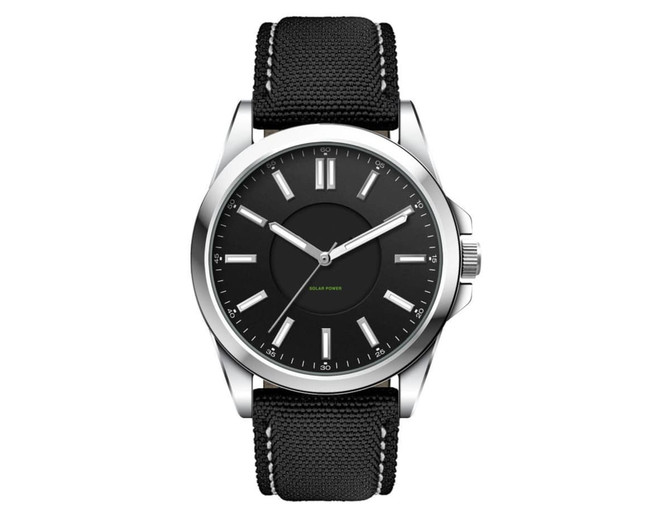 A black unisex watch with a sleek design, featuring a rPET strap and silver accents. It has a logo on the dial.