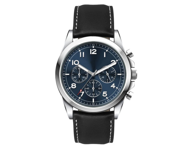 A stylish watch with a blue dial, silver casing, and a black leather strap featuring white stitching.