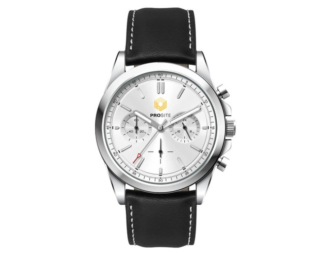 A silver chronograph watch with a leather strap and a branded logo. The design features a clean, modern aesthetic.