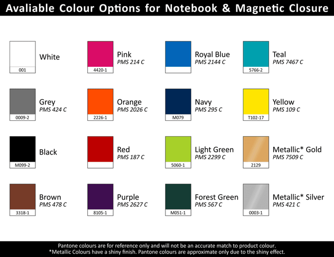 A selection of colourful A5 portfolios, including pink, teal, orange, and metallic shades, each displaying a logo.