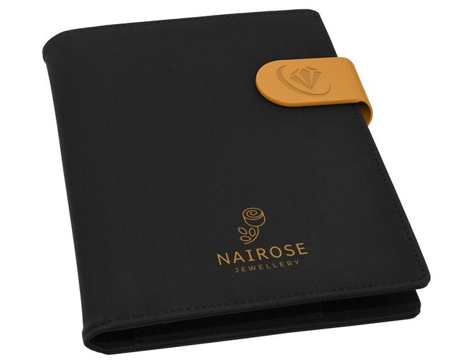 A black portfolio with a yellow clasp and a logo on the cover, designed for office and business use.