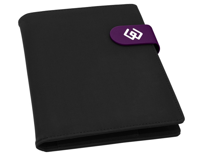 A black portfolio with a purple clasp and an emblem on the front. Suitable for office and business use.