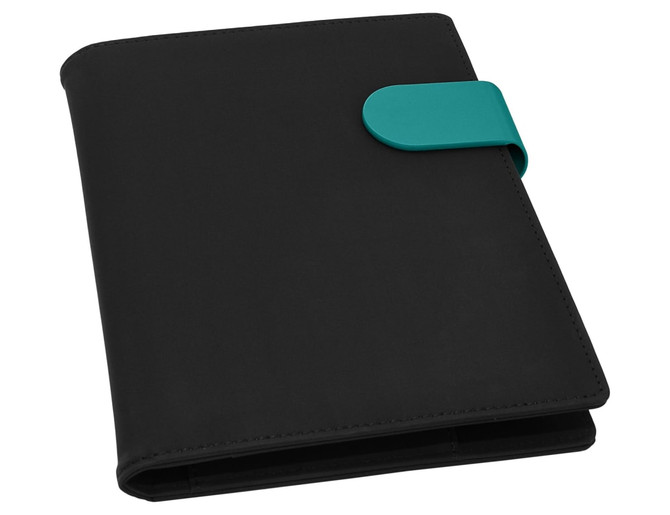A black portfolio with a teal fastening, featuring a sleek design and a logo on the cover.