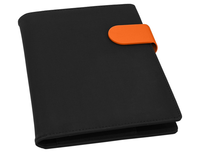 A black portfolio with an orange clasp, designed for office and business use. It includes a logo.