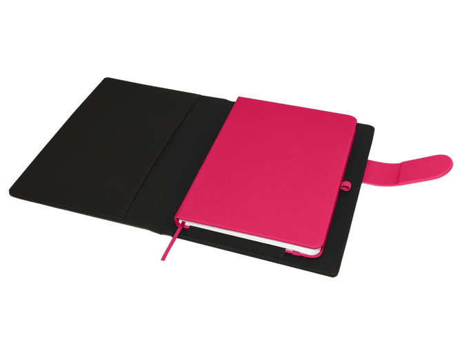 A pink A5 portfolio with a black cover and an elastic closure, featuring an inner notebook.