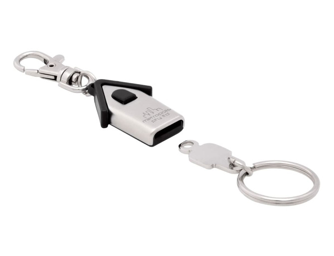 A silver keyring shaped like a house, featuring a clip and a detachable keyring.