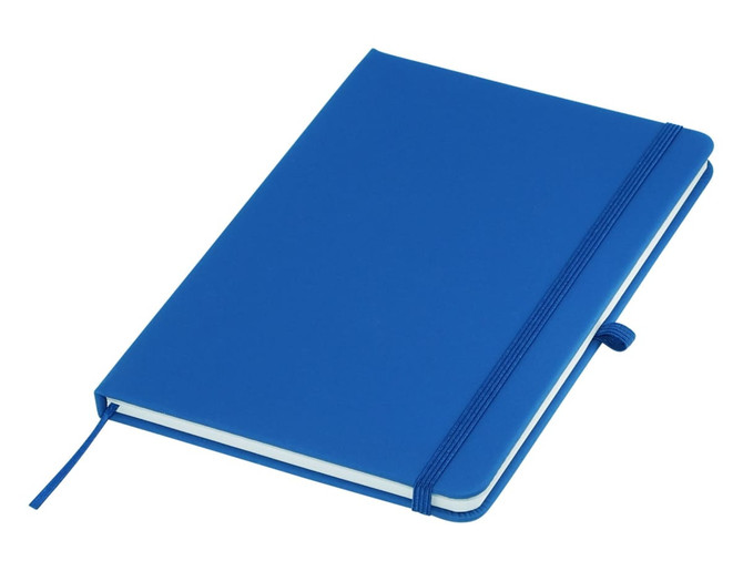 A blue A5 notebook with a band closure and a ribbon marker, featuring a branding logo on the cover.