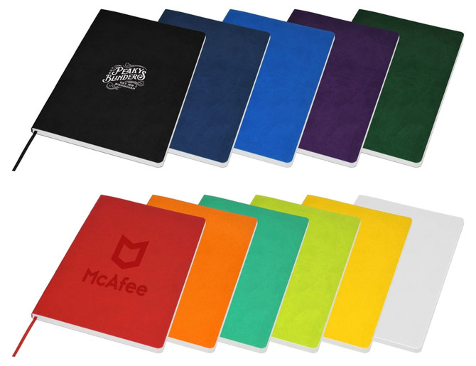 A range of A5 notebooks in various colours, including black, blue, purple, red, green, orange, yellow, and white, with branding on some.