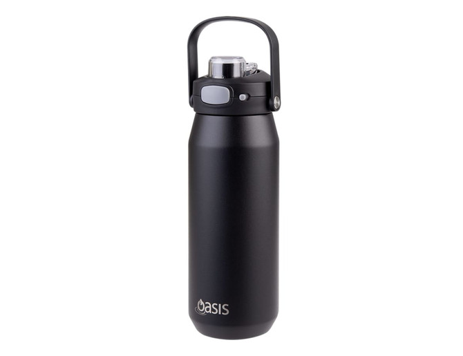 A drink bottle in matte black featuring a quick release lid and a handle, with a logo on the front.
