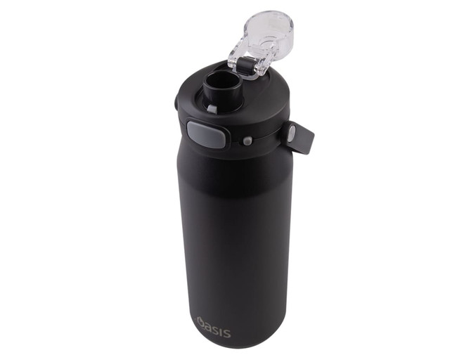 A drink bottle in matte black with a vacuum design and a quick release lid, featuring a logo.