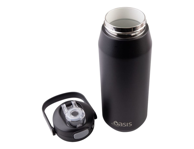A drink bottle in matte black with a stainless steel interior and a quick release lid. The lid features a handle and a spout, and includes branding.