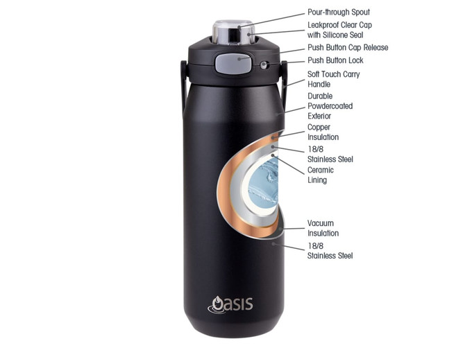 A drink bottle features a black exterior, vacuum insulation, a silicone seal, and a push button cap release.