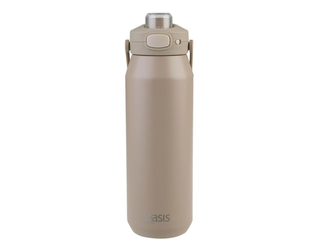 A drink bottle in a soft beige hue featuring a vacuum quick release lid and a sturdy carrying handle.