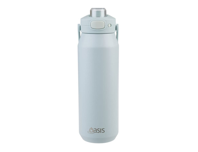 A drink bottle in a light blue hue with a quick release lid and a handle. It features a logo on the front.