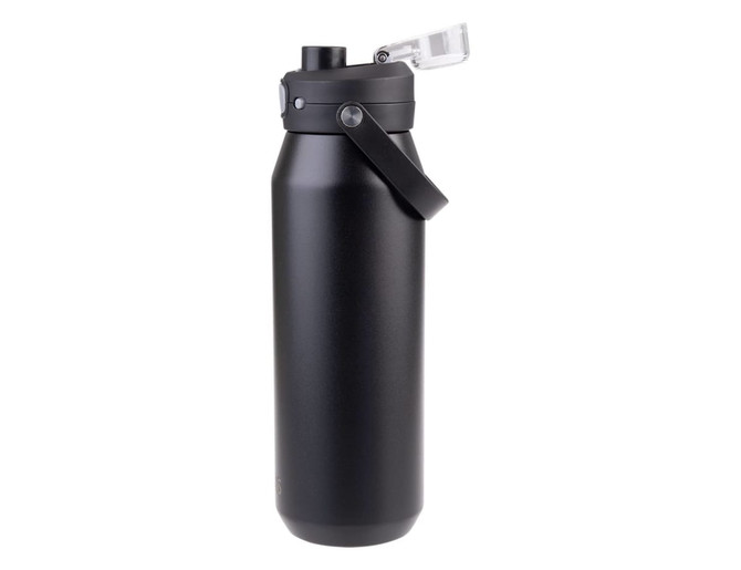 A drink bottle in matte black with a vacuum quick release lid and a handle, featuring a logo.