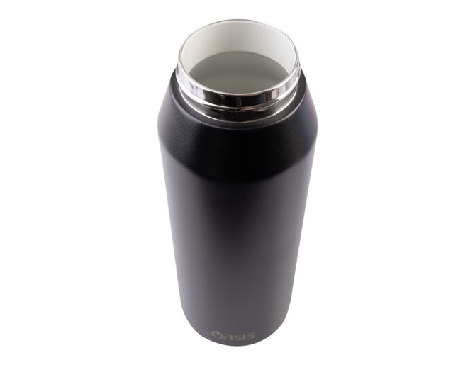 A drink bottle with a sleek black matte finish and stainless steel lid, featuring an internal vacuum design.