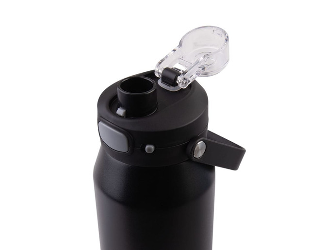 A drink bottle featuring a black, matte finish with a quick release lid and an attached spout for easy pouring.