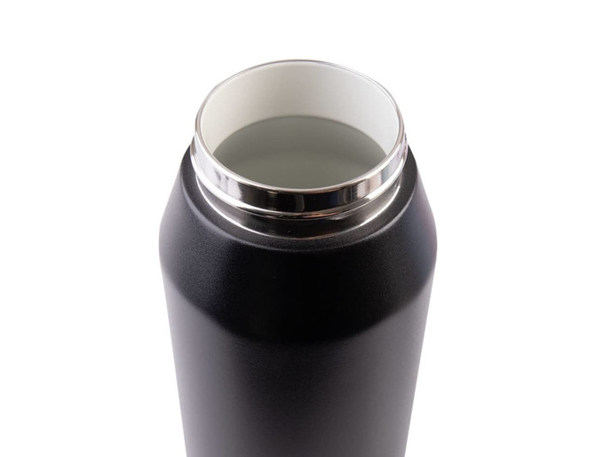 A drink bottle with a sleek black matte finish and a shiny silver rim around the opening.