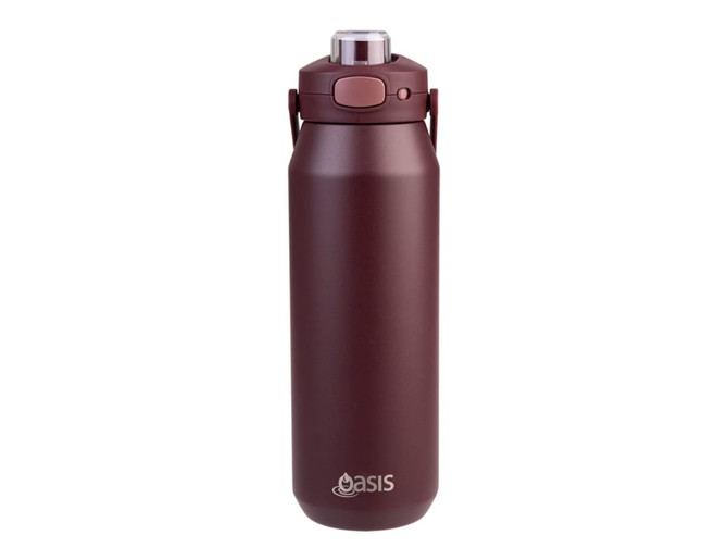 A drink bottle in a deep burgundy hue with a quick release lid and a logo on the front.