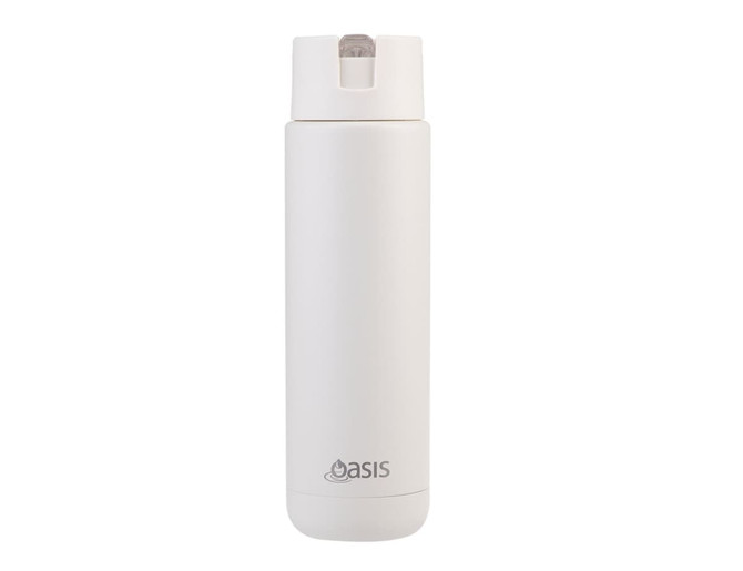 A drink bottle in white, featuring a sleek, modern design and a logo on the front.
