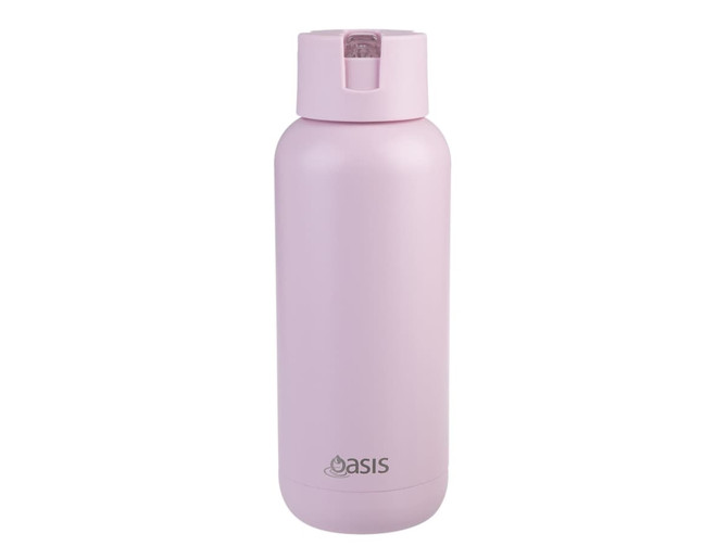 A drink bottle in pastel pink with a secure cap and a logo near the base.