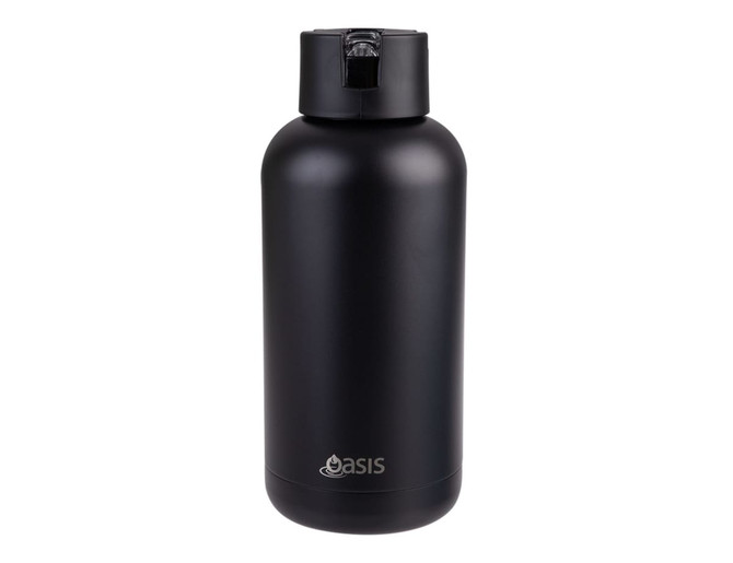 A drink bottle in matte black, featuring a top lid with a spout and a logo. Holds 1.5 litres.