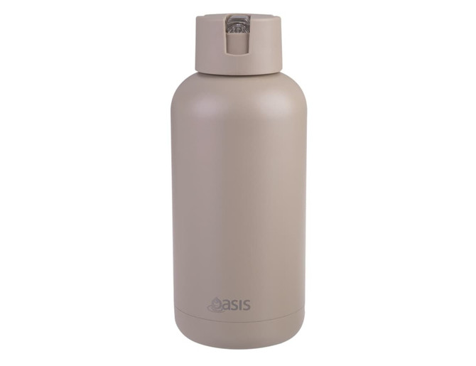 A drink bottle in a light beige colour with a secure cap and a logo on the side.