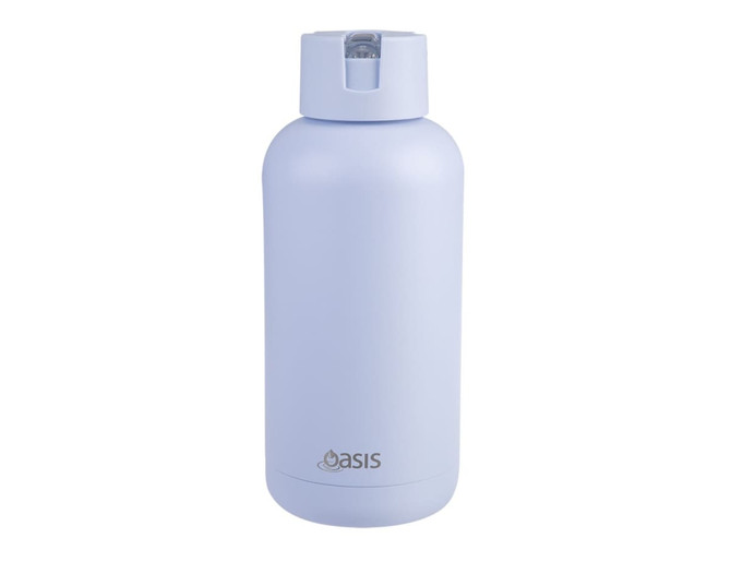 A drink bottle in a soft lavender shade, featuring a screw top lid and a logo on the side.