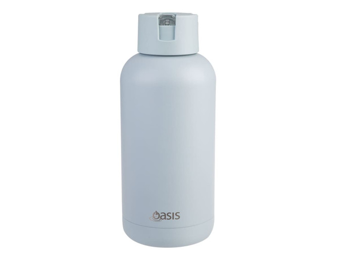A drink bottle in light blue with a screw-on lid and a logo on the front, featuring a smooth, matte finish.