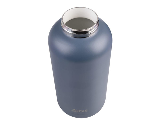 A drink bottle in a matte blue finish with a silver collar and a wide opening, featuring a logo.