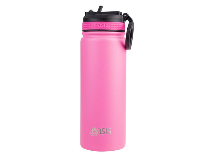 A drink bottle in bright pink with a black spout and handle, featuring a logo on the side.