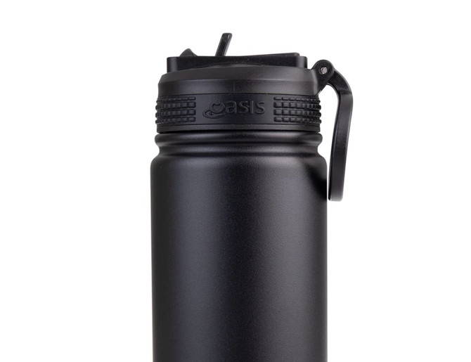 A drink bottle in matte black with a spout and handle, featuring a logo on the side.