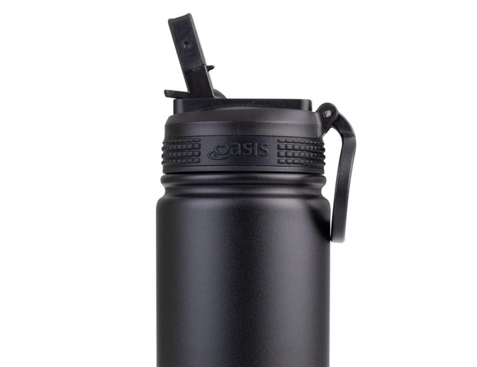 A drink bottle in matte black with a spout and a carrying handle; features a logo on the side.
