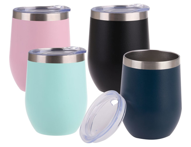 A drink bottle featuring four vacuum wine tumblers in pink, black, mint green, and dark blue, each with a lid.