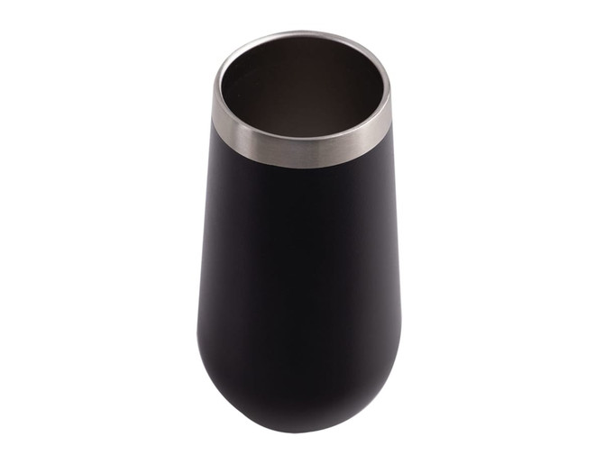 A vacuum champagne flute in matte black with a stainless steel rim, featuring a logo.