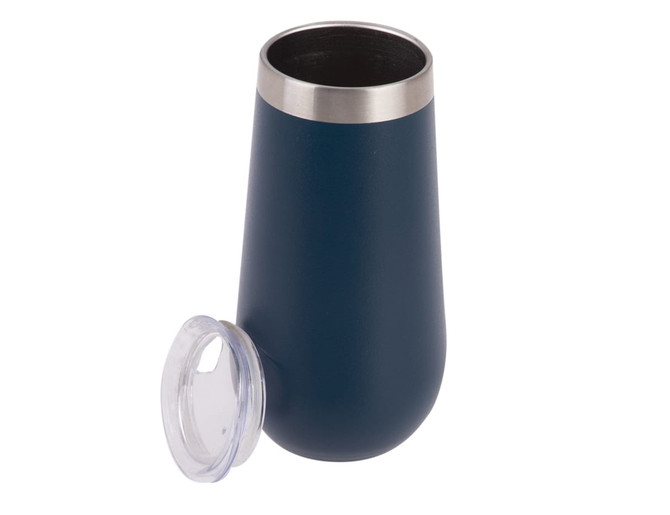 A vacuum champagne flute in navy blue with a stainless steel rim and a transparent lid. It features a logo.