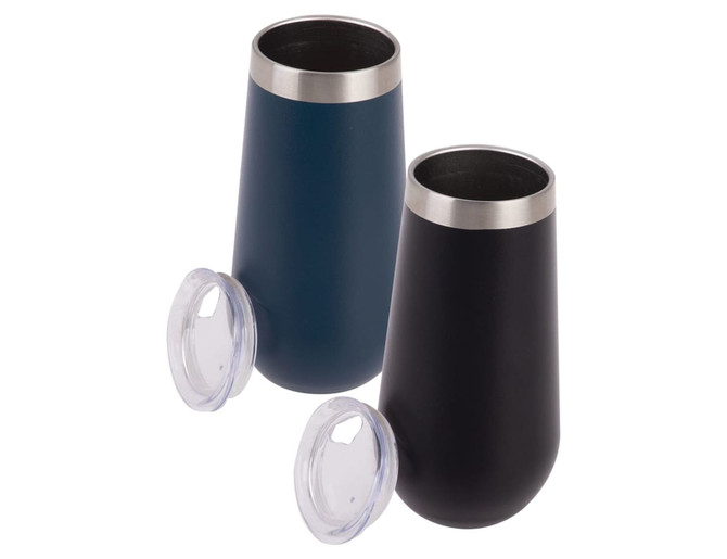 A drink bottle set featuring two vacuum champagne flutes in navy blue and black with metal accents and clear lids.
