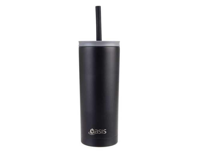 A drink bottle featuring a sleek black design, with a straw and a branding logo at the base.