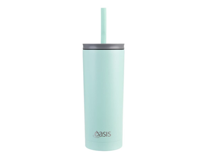 A drink bottle with a light teal finish, featuring a straw and a lid, and a logo on the front.