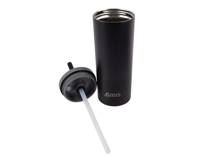 A drink bottle featuring a sleek black design, with a removable lid and straw, and a logo incorporated.