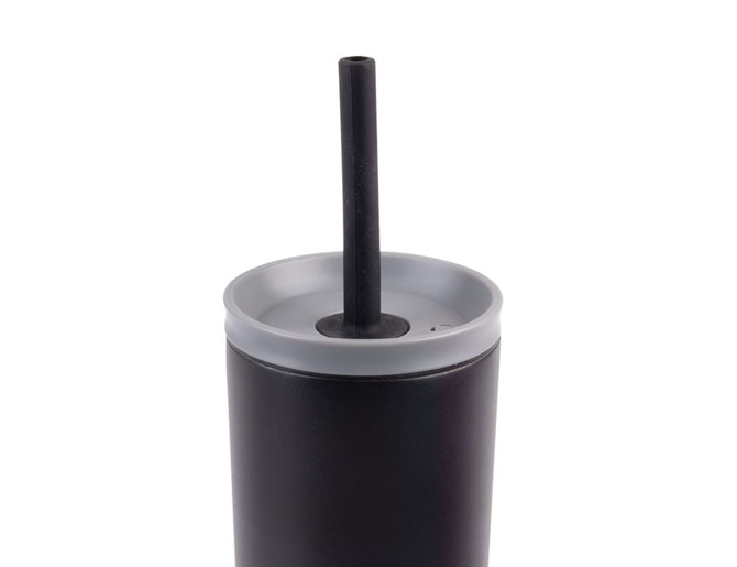 A drink bottle featuring a sleek black design with a grey lid and a black straw. It has a logo on the side.