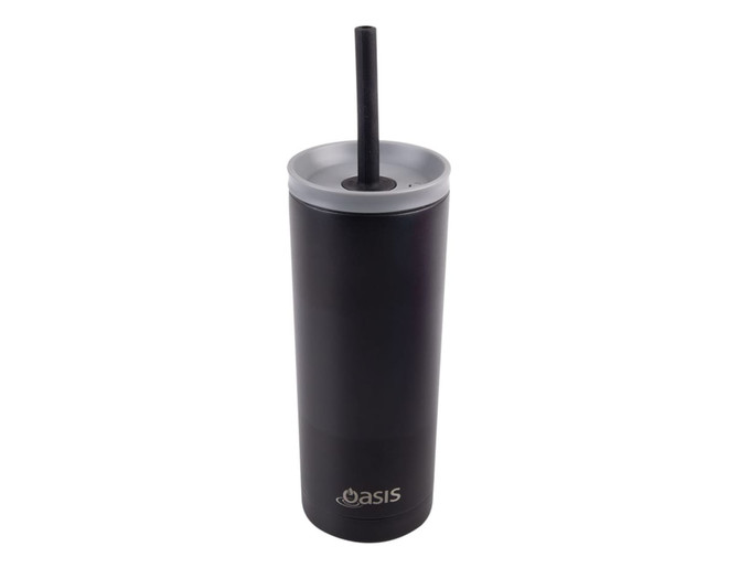 A drink bottle featuring a black finish, a straw, and a lid, with a logo on the front.