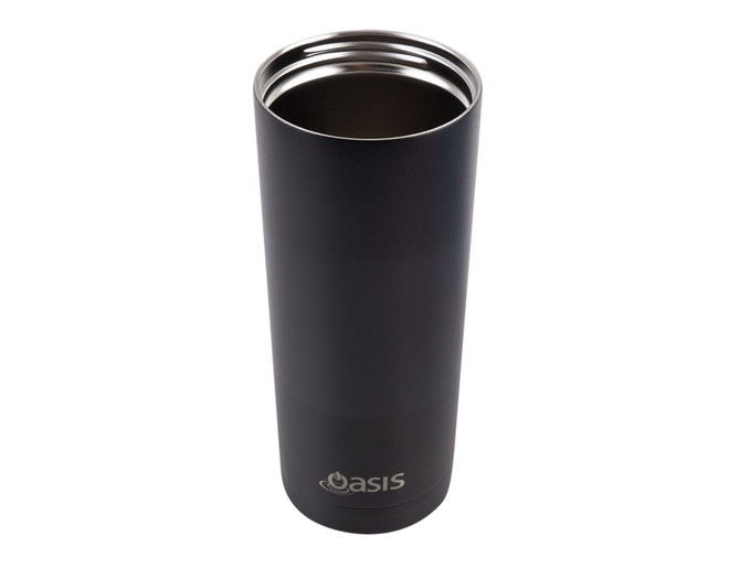 A drink bottle in matte black finish, featuring a stainless steel interior and a logo near the base.