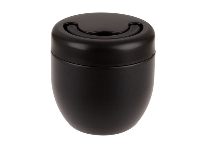 A vacuum food pod in matte black, featuring a smooth finish and a curved lid design. It includes a logo.