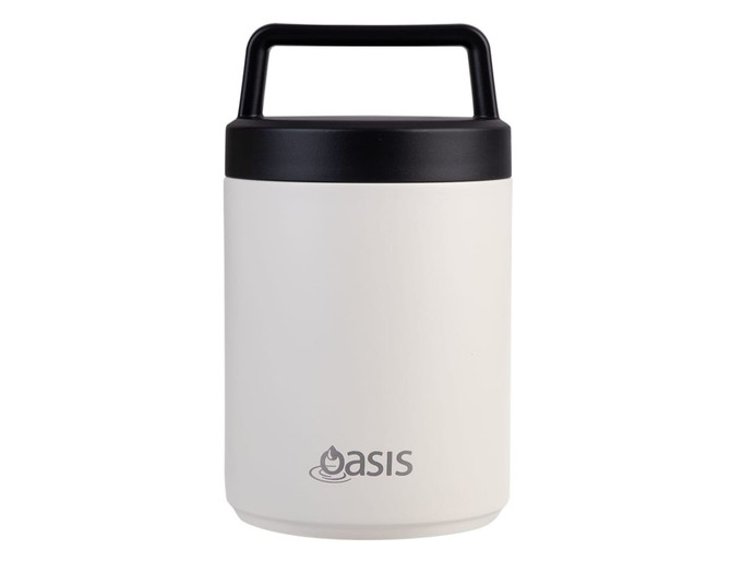 A vacuum food flask in off-white and black with a handle, featuring a logo on its front.