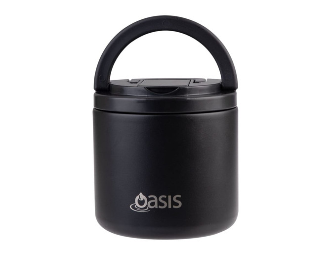 A black vacuum food flask with a handle and spork, featuring a logo on the front.