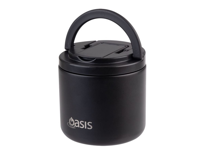 A black vacuum food flask with a handle and a spork included, featuring a logo.