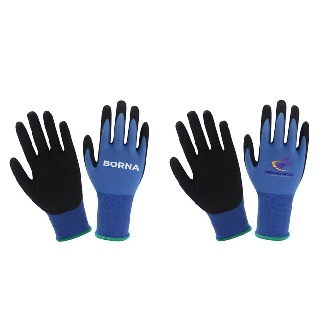 Frosted blue touchscreen insulating gloves with black palms, featuring logos on both gloves.